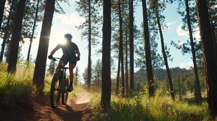 Obraz premium forest adventure trail among straight pine trunks