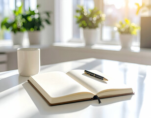Open Notebook with Pen and Coffee Cup on White Desk in Sunlit Room