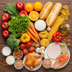 Selection of fresh nutritious and healthy food items representing various food groups for a balanced diet.