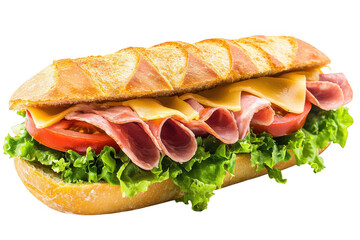Delicious Sub Sandwich with Ham Cheese Lettuce and Tomato on Crusty Bread isolated on a transparent background