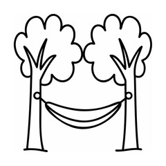 Black line art of two trees with hammock on white background