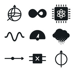 Quantum Computing Icons. Solid, filled icons set of quantum computing: qubit sphere, entanglement icon,