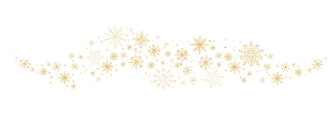 Gold snowflake wave border. Snow golden holiday winter background. Falling snow, garland, star ornament. Flake design element, decoration.