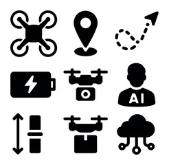 Modern Drone Icons. Solid, filled icons set of drone technology: drone quad, GPS marker, flight path, battery