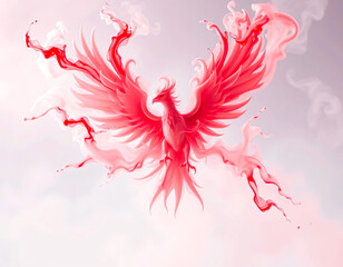 Elegant red phoenix with flowing feathers flying against a white background, symbolizing rebirth and spirit.