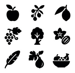 Fruit Plant Icons. Solid, filled icons set of fruit-bearing plants: apple branch, berry stem, citrus leaf,
