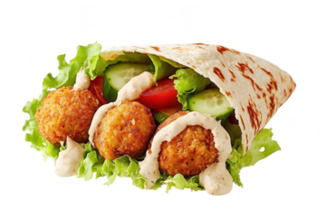 Falafel Pita Pocket with Creamy Sauce Lettuce Cucumber Tomato isolated on a transparent background image