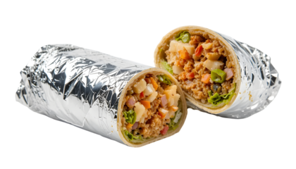 Close up of a sliced burrito wrapped in foil showing the ingredients on a black background surface