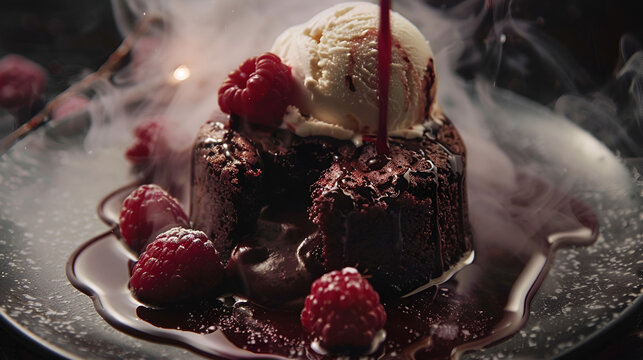 Decadent chocolate lava cake is drizzled with sauce, served with vanilla ice cream and fresh raspberries on a dark plate.