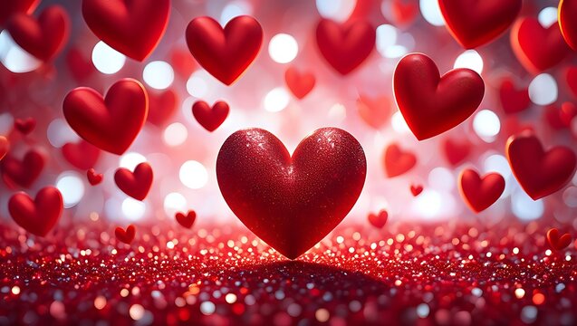 Glittering red hearts floating with bokeh lights love