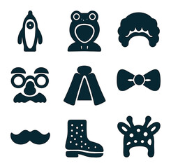 Silly Costumes Icons. Solid, filled icons set of silly costumes: banana suit, frog hoodie, rainbow wig, funny