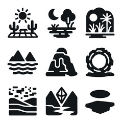 Geometric Icon Grid. Solid, filled icons set of out-of-time zones: grid desert, moon swamp, neon jungle,