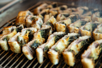 roasting eels on the charcoal grill