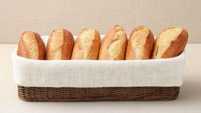 Intimate wedding and dinner concept. Freshly baked bread rolls in a wicker basket lined with cloth.