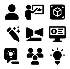 Immersive Classroom Icons. Solid, filled icons set of immersive classrooms: student icon, reactive board, AR