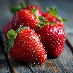 Wet ripe strawberries on weathered wooden surface