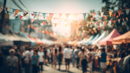 A lively outdoor summer market with blurred people and colorful tents under bright sunlight, creating a festive atmosphere.