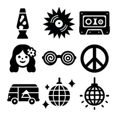 Retro Psychedelic Collection. Solid, filled icons set of retro psychedelic icons: lava lamp, vinyl burst,