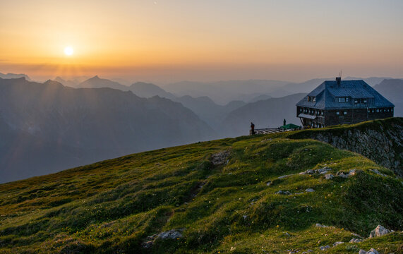 Sunset at Eisenerzer Reichenstein and hut in Styria, Austria