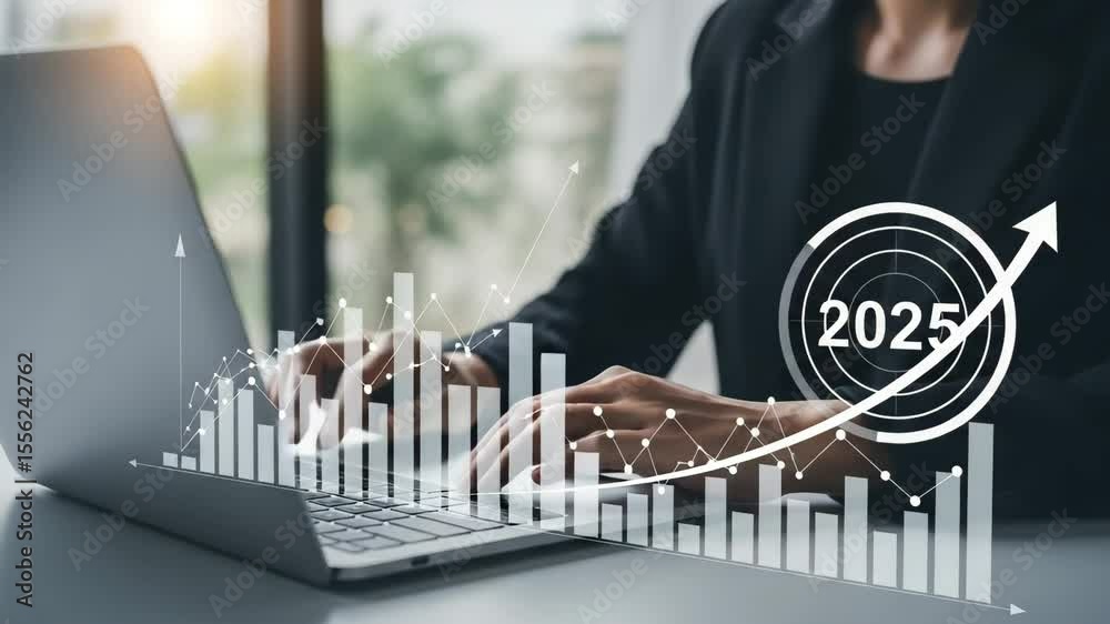 Poster Person typing on laptop with growth chart overlay and target for the year of twenty twenty five