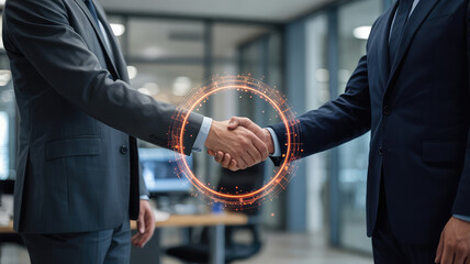 Strategic Partnership: A symbol of mutual agreement and understanding, two professionals seal a deal with a firm handshake. The image, illuminated by a warm, inviting glow.