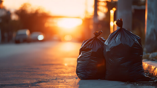 Two black garbage bags placed on the street bask in the warm glow of a sunset, highlighting urban waste management challenges