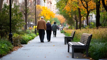 Urban space designed for older people, ramps, benches, wide sidewalks