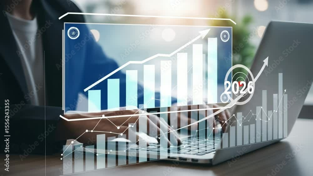 Poster person typing on laptop with overlayed financial charts and target for the year of twenty twenty six