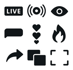 Metaverse Livestream Icons. Solid, filled icons set of livestreaming in metaverse: live badge, stream icon,