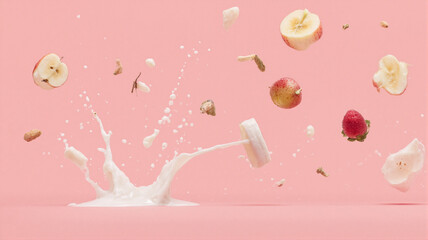 Strawberries, apples, bananas, and nuts splash into milk in mid-air&mdash;set against a pink background, this vibrant scene captures freshness, energy, and natural delight.