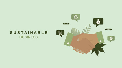 Sustainable business partnership handshake with eco friendly communication icons and environmental symbols. Green business collaboration and corporate responsibility concept. Vector illustration