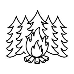 Obraz premium Black line art campfire with flames and pine trees illustration