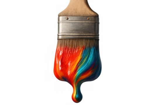 Colorful paint dripping from loaded paintbrush, creating artistic splatter against transparent backdrop - Powered by Adobe