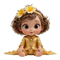Cute Wide Eyed Baby With Curly Hair Sits In Golden Outfit And Headband Adorned With Yellow Flowers, Conveying Warmth.eps