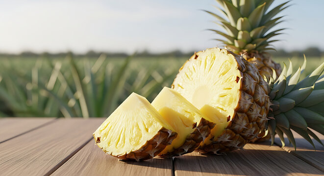 Sliced pineapple on a wooden surface, with a field in the background.