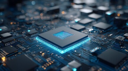 Advanced high-tech microchip glowing with intense blue light, embedded in a futuristic electronic circuit board background