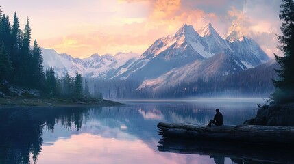 A person sits on a large log by a calm lake, gazing at the surrounding mountains. The mountains are partly covered in snow, reflecting in the still water. The sky is painted in soft pastel colors