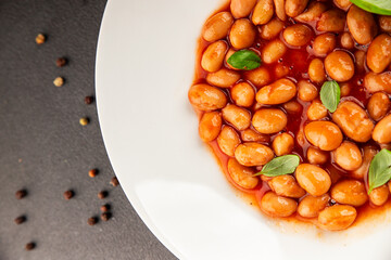 Bean stew tomato sauce cranberry beans vegetable dish beans borlotti fresh delicious gourmet food background on the table rustic food top view copy space keto and paleo diet vegan and vegan food