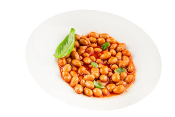 Bean stew tomato sauce cranberry beans vegetable dish beans borlotti fresh delicious gourmet food background on the table rustic food top view copy space keto and paleo diet vegan and vegan food