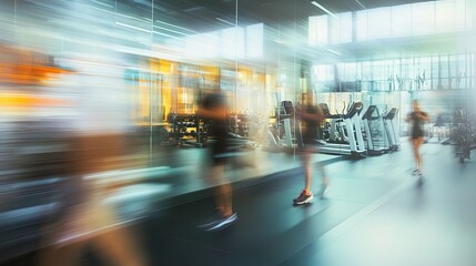 A blurred gym background with fitness enthusiasts engaged in various exercises, such as lifting weights, running on treadmills, and stretching. The motion blur effect adds a sense of energy