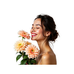 Radiant Woman Inhaling the Sweet Fragrance of Peach Dahlias