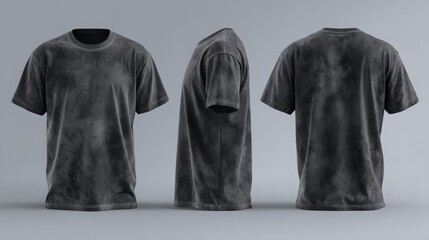 black acid wash t-shirt mockup in three views, streetwear branding and vintage apparel designs
