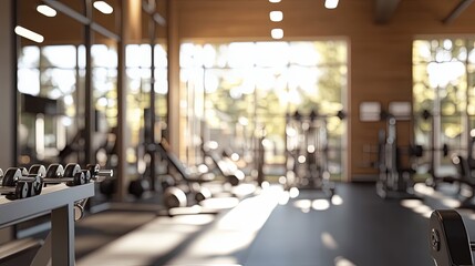 A blurred background showing a spacious fitness center with various exercise machines, free weights, and workout stations. The gym is well-lit, with large windows allowing natural light to highlight 