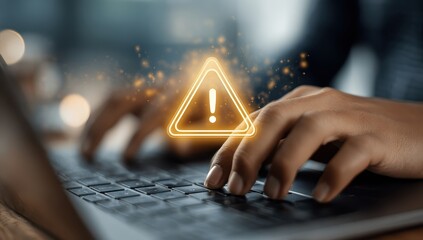 Hands typing on laptop keyboard, illuminated warning sign above it
