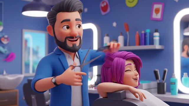Animated Haircut: Stylized Barber Cuts Purple Hair in a Cheerful Cartoon Salon