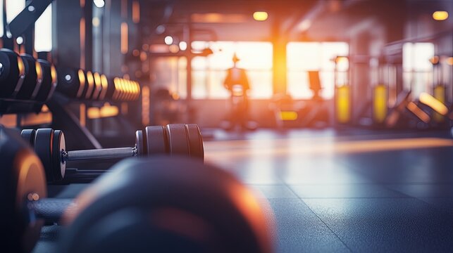 A blurred background image of a fitness room featuring different types of gym equipment, such as treadmills, dumbbells, and resistance machines. The foreground emphasizes an athlete lifting weights