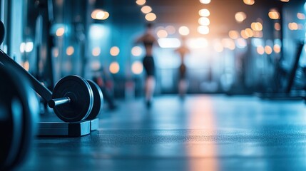 A blurred background image of a fitness room featuring different types of gym equipment, such as treadmills, dumbbells, and resistance machines. The foreground emphasizes an athlete lifting weights 