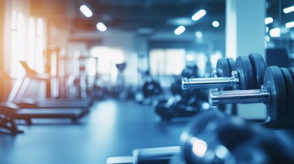 A blurred background image of a fitness room featuring different types of gym equipment, such as treadmills, dumbbells, and resistance machines. The foreground emphasizes an athlete lifting weights 