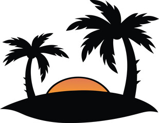 Tropical Sunset Silhouette with Palm Trees on Island Landscape