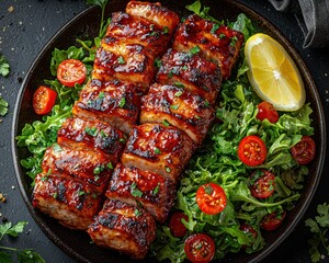 Grilled, glazed fish fillets served over a fresh salad with cherry tomatoes and a lemon wedge